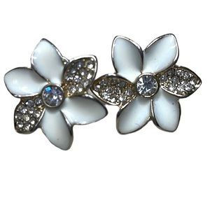 Napier‎ White Enamel and Rhinestone Flower Post Earrings